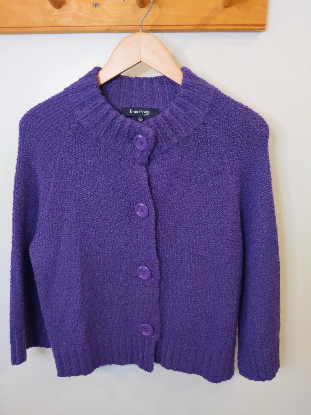 Evan-Picone Petite Purple Fuzzy Cardigan Sweater Button Front Textured PL
